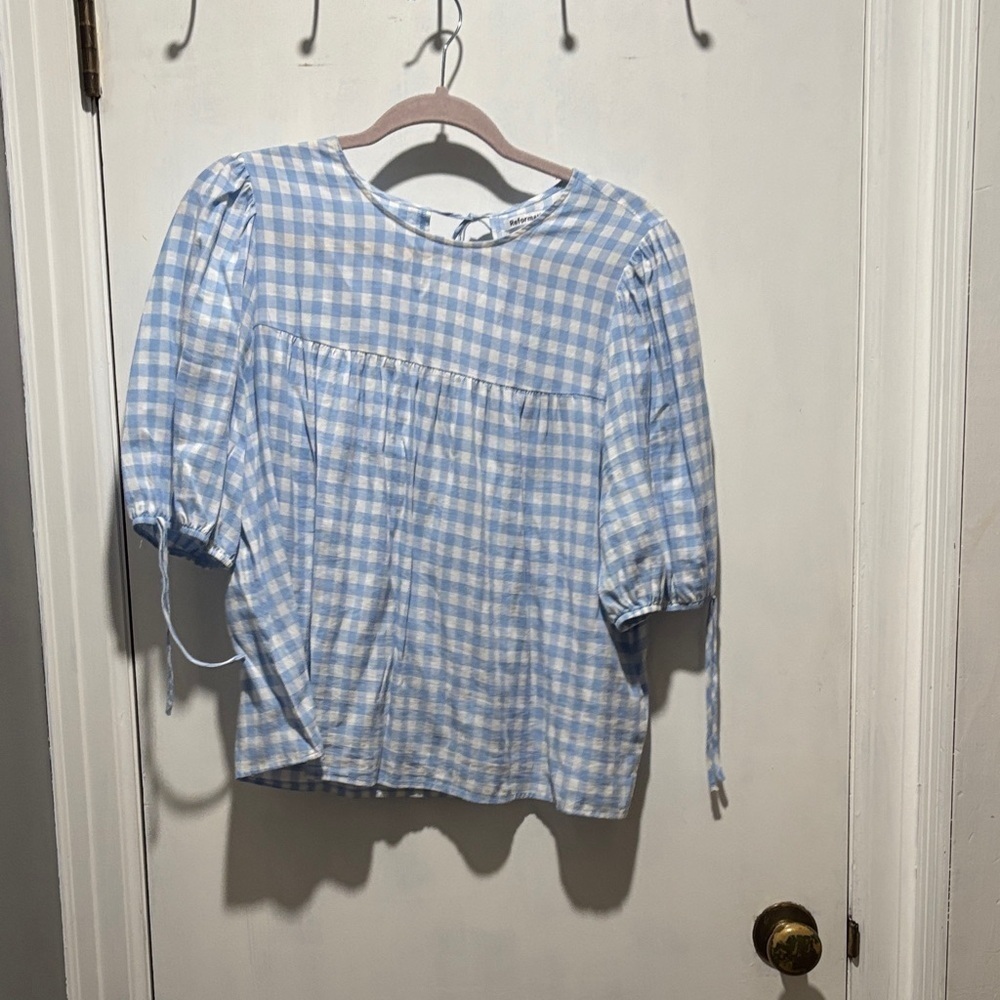 REFORMATION gingham short sleeve cotton blend blouse size large